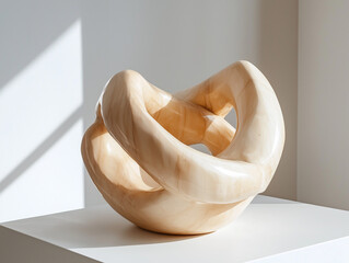 Poster - Abstract Marble Sculpture Curvy Shape on White Platform with Light Shadow