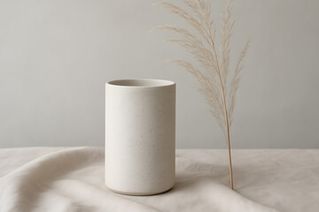 Poster - Minimalist Ceramic Vase and Plant: A serene, minimalist composition featuring a cylindrical ceramic vase and a delicate plant stem. The neutral palette.