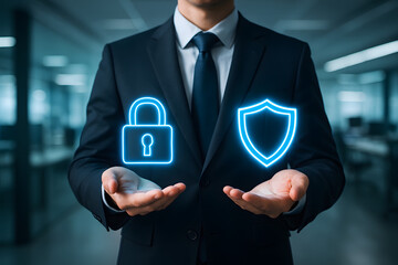 Poster - Cybersecurity Guard: An office worker in a smart suit presents a secure digital environment with a padlock and shield hologram in his hands, symbolizing protection and safety.