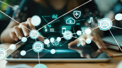 Poster - Young Woman Using Digital Tablet with Interactive Icons Representing Technology and Communication Concepts 4k video footage