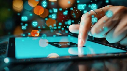 Poster - Hand Interacting with Digital Tablet Displaying Icons and Symbols of Communication and Technology in a Modern Setting 4k video footage