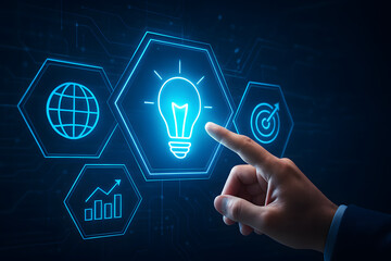 Poster - Illuminating Innovation: A close-up captures a person's finger interacting with a glowing interface, highlighting innovation and the spark of an idea.