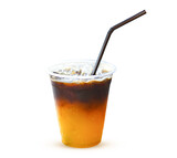 A glass of iced coffee mixed with orange juice. Looks delicious, smells fresh on transparent.