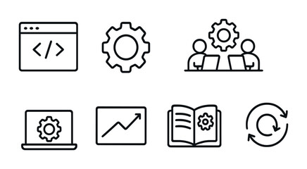 Software development icons for coding, collaboration, and project management