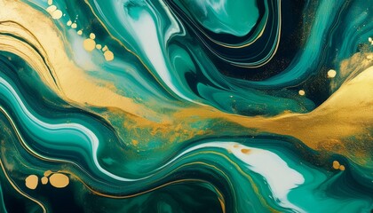 Poster - emerald green and gold marble abstract pouring acrylic background marbling ink artwork texture mineral agate ripple pattern gold powder in poster