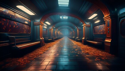 Poster - moody subway station at midnight with cinematic feel featuring dimly lit corridor and fallen leaves