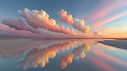Poster - A soft pastel sunrise paints the sky with hues of pink and orange above a calm sea. The reflection of clouds creates a serene atmosphere on the water's surface