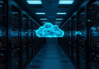 Poster - Cloud Computing Digital Network in Futuristic Data Center 3D Render - Technology and IT Infrastructure