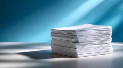 Poster - Neatly arranged stack of white papers displayed on a desk with a vibrant blue background. Soft light highlights the texture and cleanliness of the papers, suggesting organization in an office setting