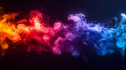 Poster - Vibrant swirls of colored smoke elegantly billow across a dark backdrop, creating a mesmerizing blend from fiery orange to cool blue, ideal for abstract themes and backgrounds.
