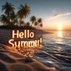 Aufkleber - At a tropical beach, the sun sets on the horizon, casting golden rays on the water. Sand softly embraces colorful letters spelling welcoming words, inviting all to enjoy summer's beauty