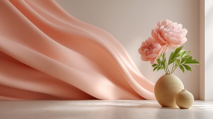 Fototapete - A soft coral pink backdrop creates a calm atmosphere as a stylish vase holds blooming peonies. This serene setup adds a touch of elegance to the interior space