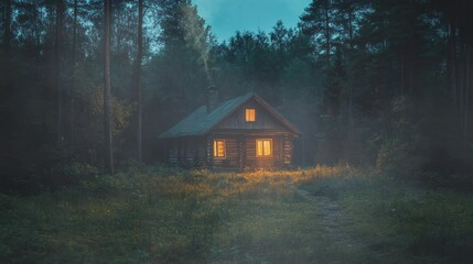 Wall Mural - the atmosphere of a wooden house in the forest at night . seamless looping time-lapse virtual video Animation Background.