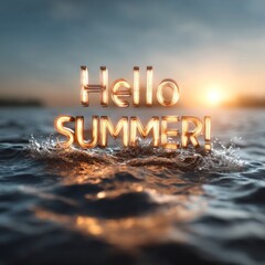 Poster - At a tropical beach, the sun sets stunningly on the horizon, creating warm orange and gold hues. The sparkling water dances as the phrase Hello Summer rises, symbolizing season's arrival