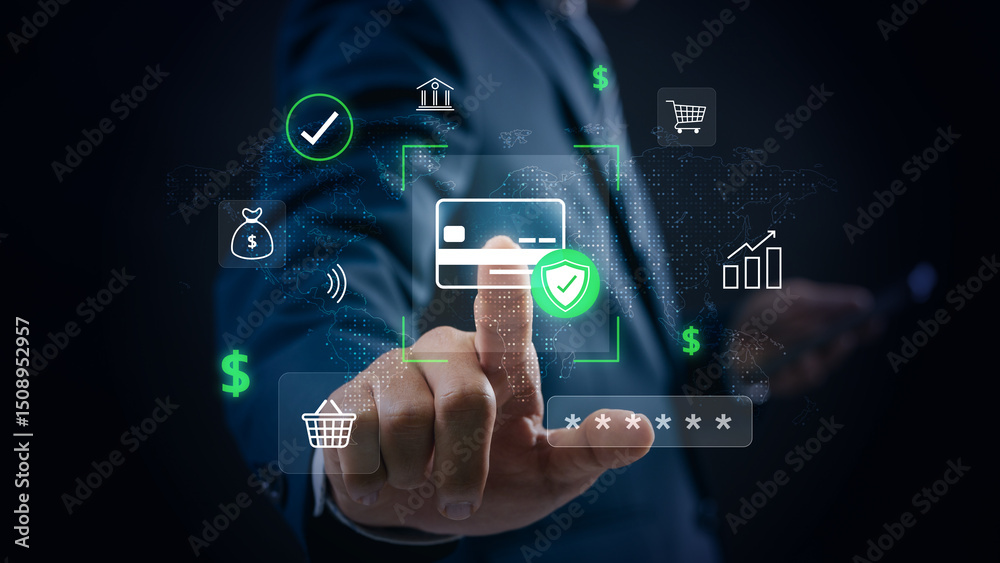 Secure online payment concept showing a businessman authenticating a ...
