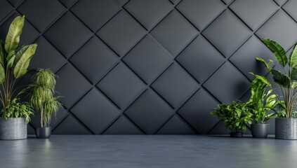 Poster - Gray wall with a geometric pattern of acoustic panels in a modern office space, gray floor, and plants on the sides. Front view, high-resolution photography.