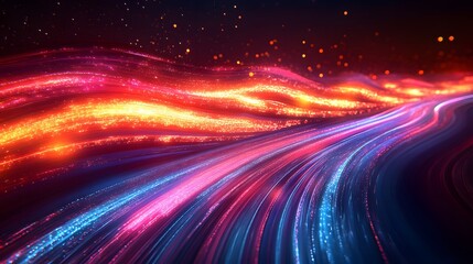Poster - Abstract theme showing a dynamic flow of light trails with a gradient transitioning from warm hues above to cool tones below, conveying a sense of movement and energy.