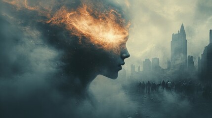 Wall Mural - A mysterious man walks through a crowded city, but instead of a normal face, his head is a swirling galaxy. 