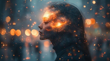 Wall Mural - A mysterious man walks through a crowded city, but instead of a normal face, his head is a swirling galaxy. 