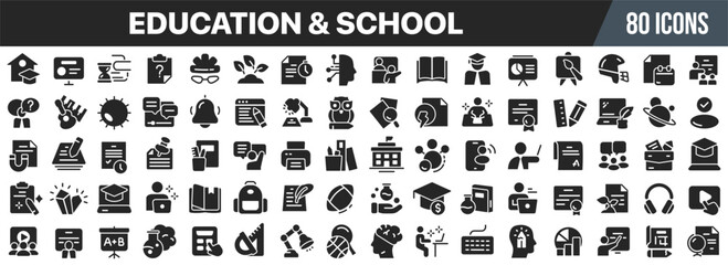 Poster - Education and school black icons collection. Big UI icon set in a flat design. Vector illustration EPS10
