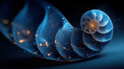 Poster - A beautiful blue flower gracefully positioned against a black background showcasing an abstract spiral grid design
