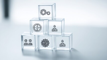 Poster - Stack of glass blocks with icons symbolizing the organizational clarity framework in a simple and effective design