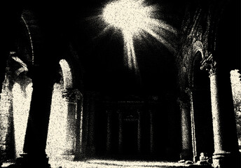 Poster - Ancient ruins in sci-fi scene with dotwork retro style. Mysterious gate debris with dramatic lights and retro texture