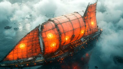 Poster - Fiery Vessel on a Cloudy Sea