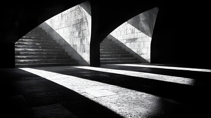 Poster - Dramatic black and white image featuring light and shadow on stone steps, creating an abstract theme. The interplay creates contrast and a sense of depth to the image.