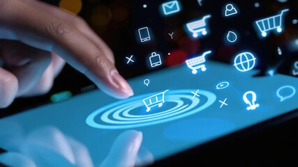 Poster - Close-up of a human hand interacting with a digital tablet displaying various application icons and symbols in a modern environment 4k video footage