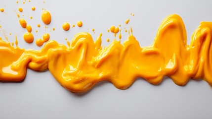Poster - Bright orange paint droplets splashed on white background creating vivid abstract patterns with dynamic textures and copy space on the left side