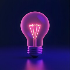 Leinwandbilder - A glowing lightbulb with a pink hue casting a soft light on a dark blue surface in a studio setting
