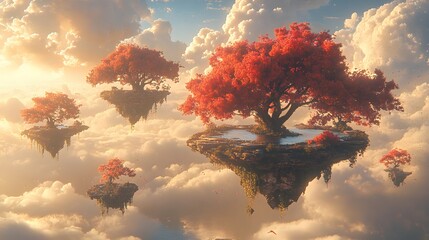 Poster - A beautiful abstract scene featuring floating islands with vibrant trees against a cloudy backdrop. The islands create a surreal, dreamlike, and serene atmosphere with artistic flair.
