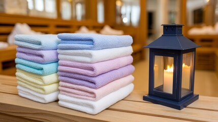 Poster - Colorful pastel towels piled on wooden shelf with cozy lantern creating warm spa atmosphere
