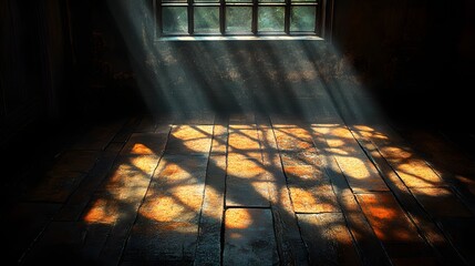Poster - Sunlight streams through a window, illuminating a vintage wooden floor. The interplay of light and shadow creates an abstract and calming pattern, enhancing the room's atmosphere.