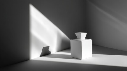 Poster - Minimalist white ceramic bottle on matte gray background with elongated shadows and diagonal light, modern still life with copy space