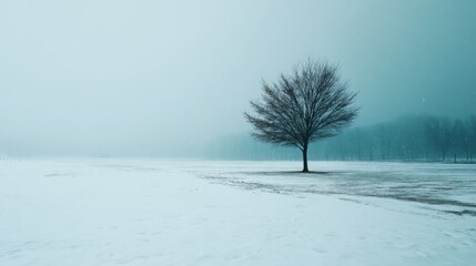 Poster - Solitary leafless tree standing in snowcovered field during winter snowfall under dusky bluish sky with copy space