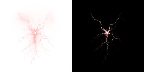 Poster - Powerful red lightning bolt with electric burst, glowing thunderstrike, neon flare and energy discharge. Realistic png element for dynamic, stormy or magical designs.