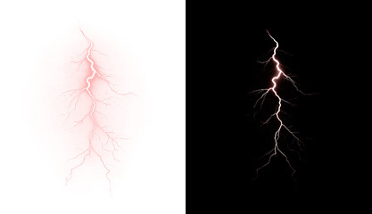 Poster - Powerful red lightning bolt with electric burst, glowing thunderstrike, neon flare and energy discharge. Realistic png element for dynamic, stormy or magical designs.
