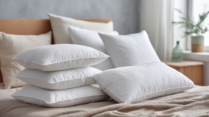 Leinwandbilder - Neatly stacked white pillows on bed in calm bedroom illuminated by soft morning light with copy space on right side