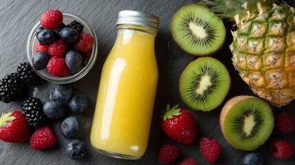 Poster - Vibrant flat lay of fresh sliced fruits and juice bottle with berries, kiwi, pineapple on dark textured surface with copy space