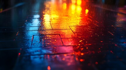 Poster - Abstract Theme reflecting city lights on wet pavement, featuring vibrant reflections and blurred effects that evoke feelings of urban atmosphere and abstract beauty in darkness.