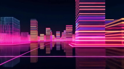 Poster - Vibrant Neon City Skyline with Reflections in a Futuristic Digital Landscape at Night