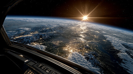 Wall Mural - sunrise over earth: a breathtaking view of the earth from the window of spacecraft, with the sunrise