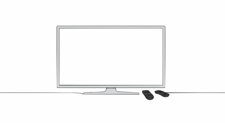An empty TV screen with remotes on the table, ready for use