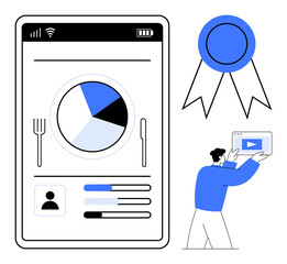 Poster - Nutrition tracking app display with pie chart, user profile, utensils, award badge, and man holding video screen. Ideal for health monitoring, lifestyle, fitness, education analysis apps
