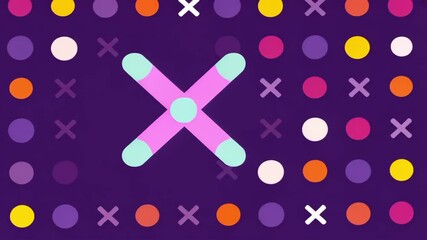 Poster - Colorful Geometric Shapes on Purple Background with Playful Arrangement of Circles and Crosses