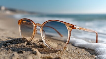 Aufkleber - A stylish pair of sunglasses is placed on a sandy beach, with light ocean waves lapping nearby. The clear blue sky enhances the relaxing beach atmosphere on a sunny day