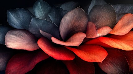 Aufkleber - Dramatic close-up showing a gradient of petals flowing from deep reds and oranges to cool blues and grays. The composition and colors create an abstract, organic feel, suitable for backgrounds.