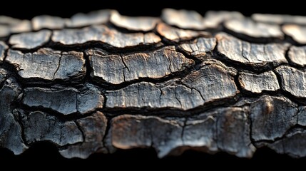 Poster - An abstract macro shot shows the intricate details of burnt tree bark, with its textured surface and deep cracks creating a compelling visual pattern against a dark backdrop.